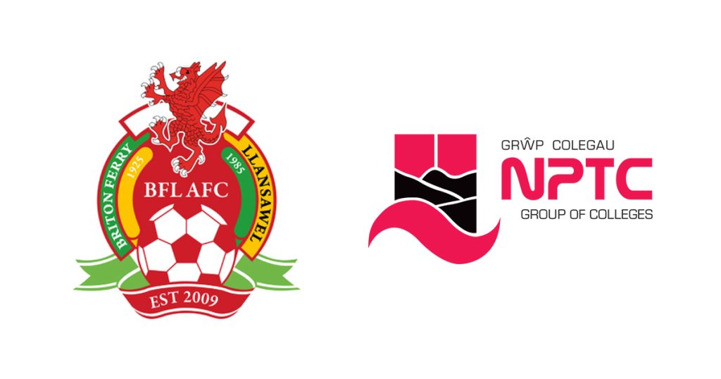 Briton Ferry Llansawel FC coloured logo and NPTC Group of Colleges coloured logo side by side.