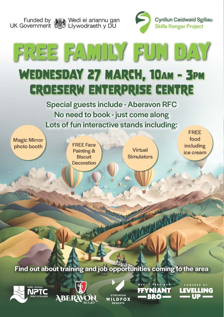 Free Family Fun Day Poster, Wednesday 27 March, 10am-3pm, Croeserw Enterprise Cetntre. With illustrated mountaines background.