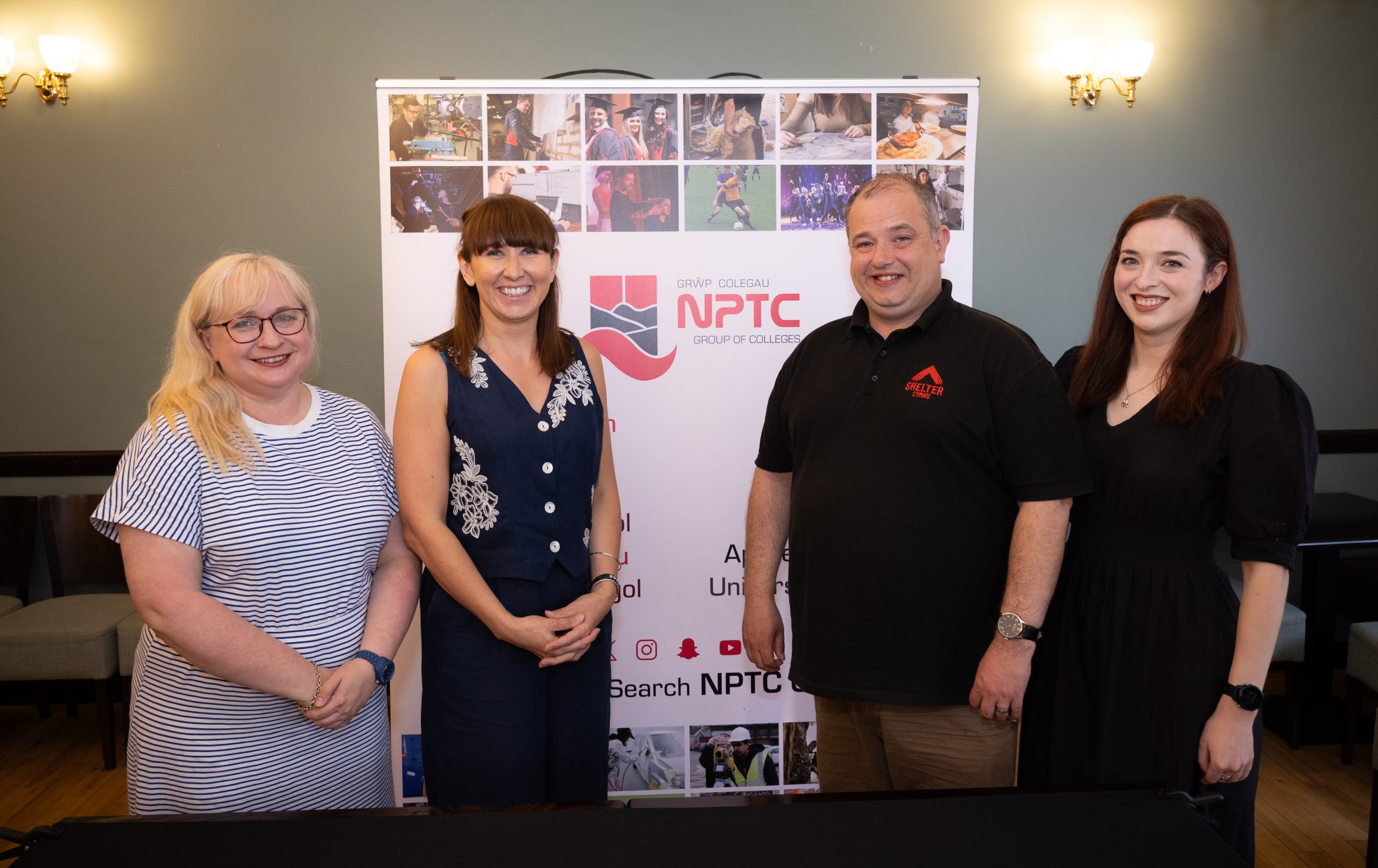 Catherine Lewis: Principal and Gemma Charnock: Vice Principal Corporate and Company Secretary from NPTC Group of Colleges, with Ava Plowright: Fundraising Manager and Neil Davies: Regional Fundraiser, South Wales, Shelter Cymru.