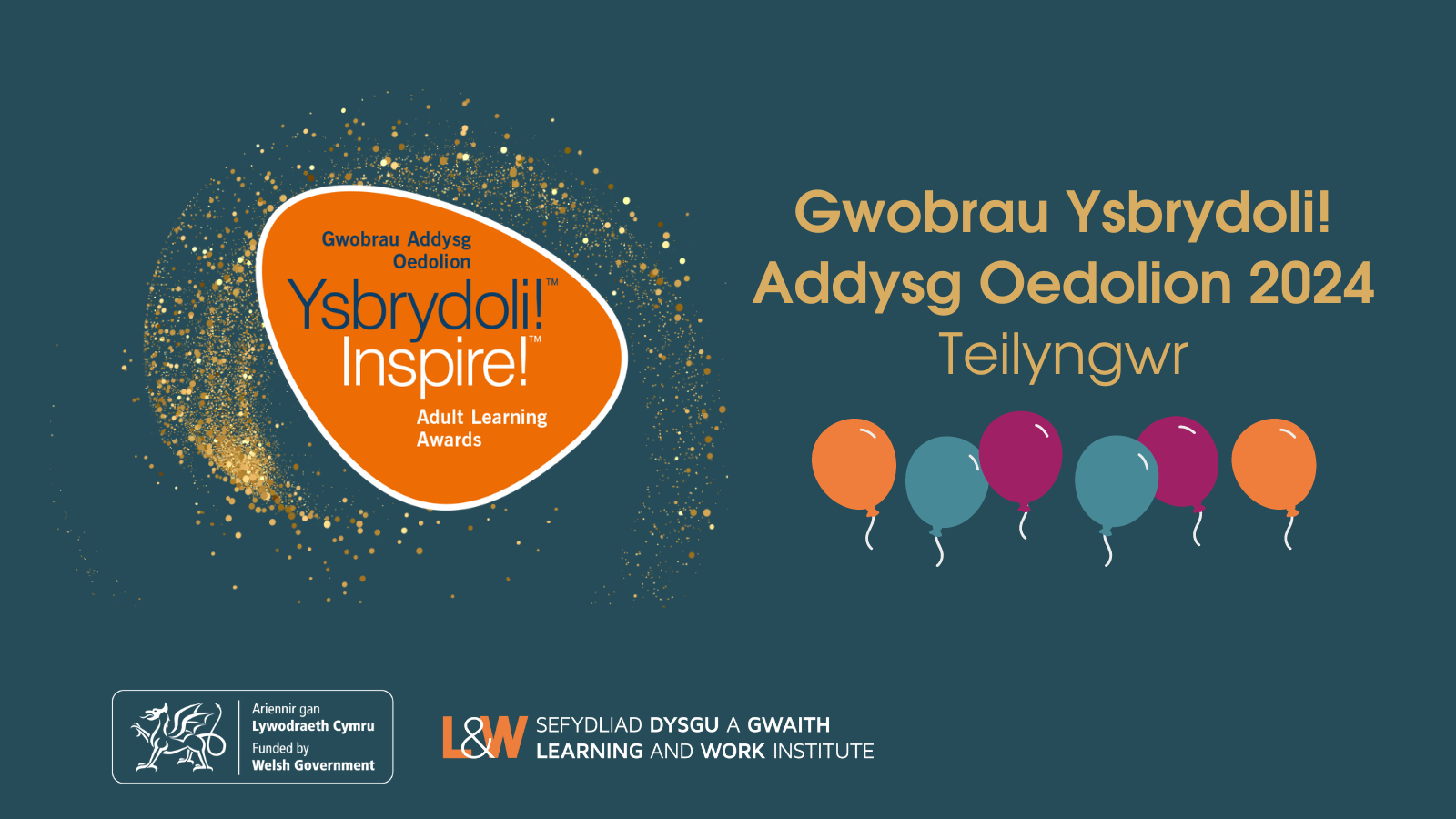 Inspire! Learning Awards 2924 Finalist Text in Welsh on blue background with orange logo, Welsh Government logo, Learning and Work Institute logo and balloons.