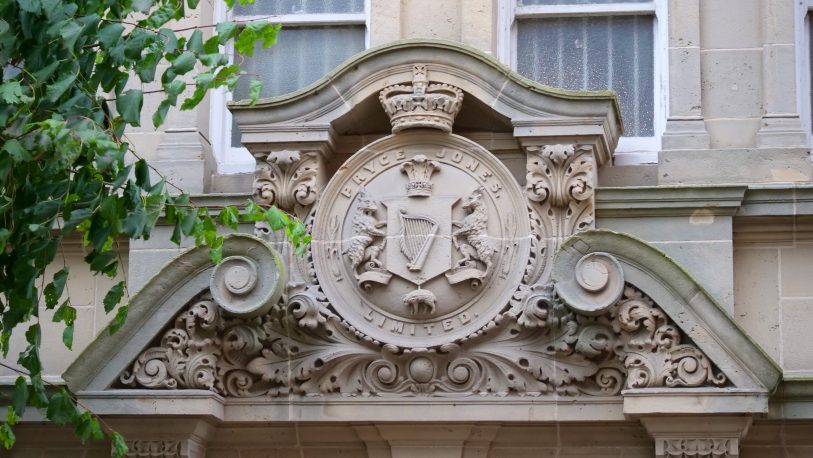 The stonework on the front of the Pryce Jones Building