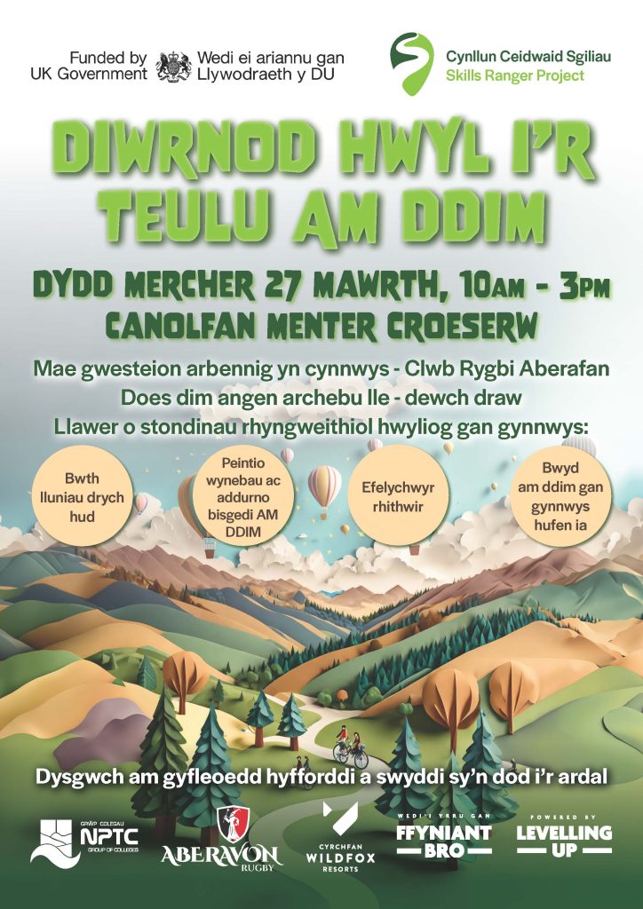 Free Family Fun Day Poster, Wednesday 27 March, 10am-3pm, Croeserw Enterprise Cetntre. With illustrated mountaines background.