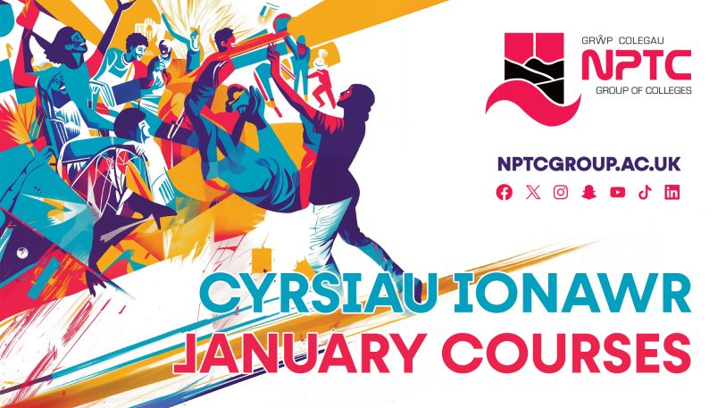 January Courses cartoon graphic, multicolour, in English and Welsh