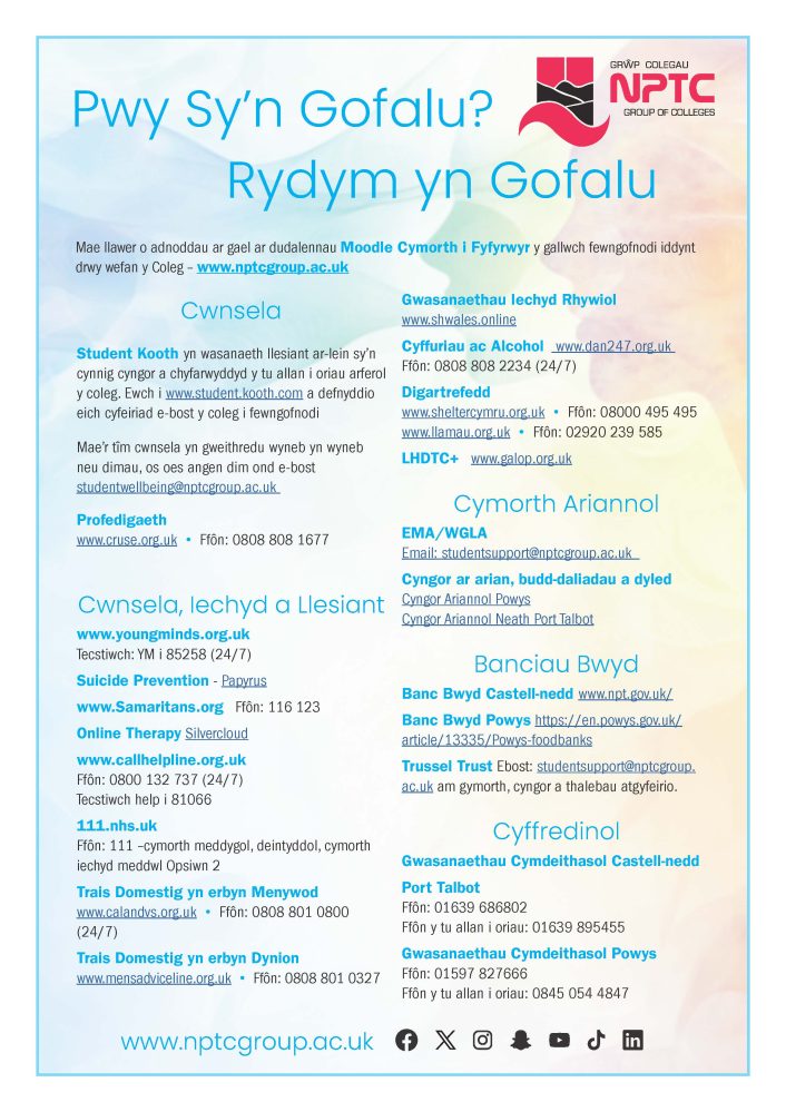 Who Cares, We Care leaflet in Welsh with list of support services and their contact details.