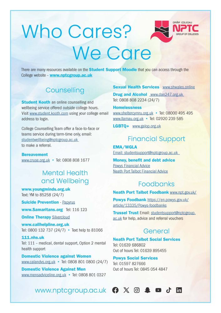 Who Cares, We Care leaflet in English with list of support services and their contact details.